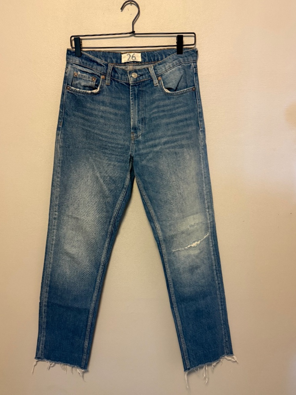 We The Free High Rise Straight Leg Jeans Distressed Raw Hem Size 26